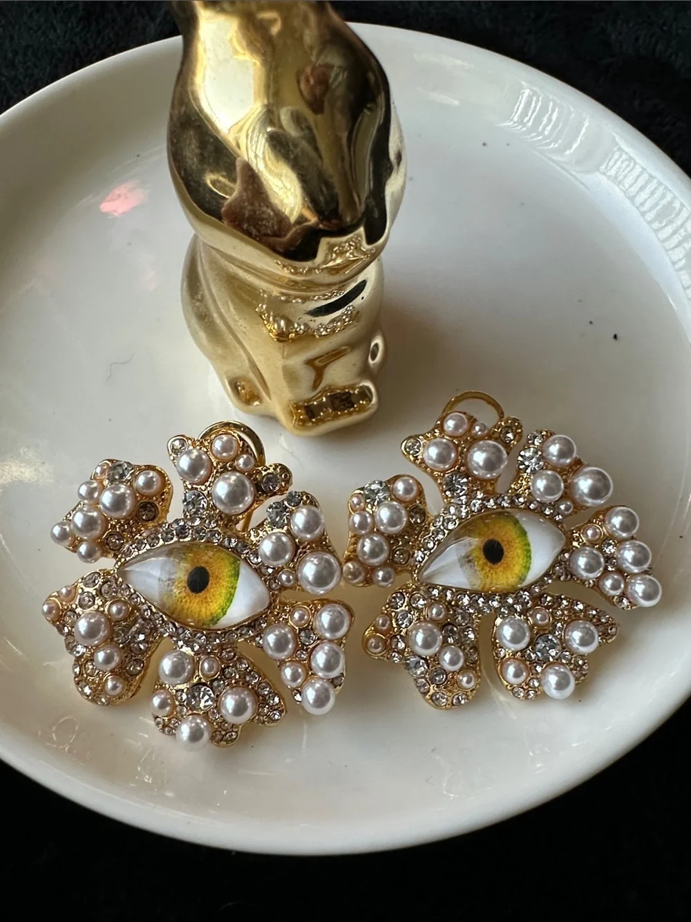 Gold Pearl & Yellow-Green Eye Crystal Statement Earrings - Women's Jewelry